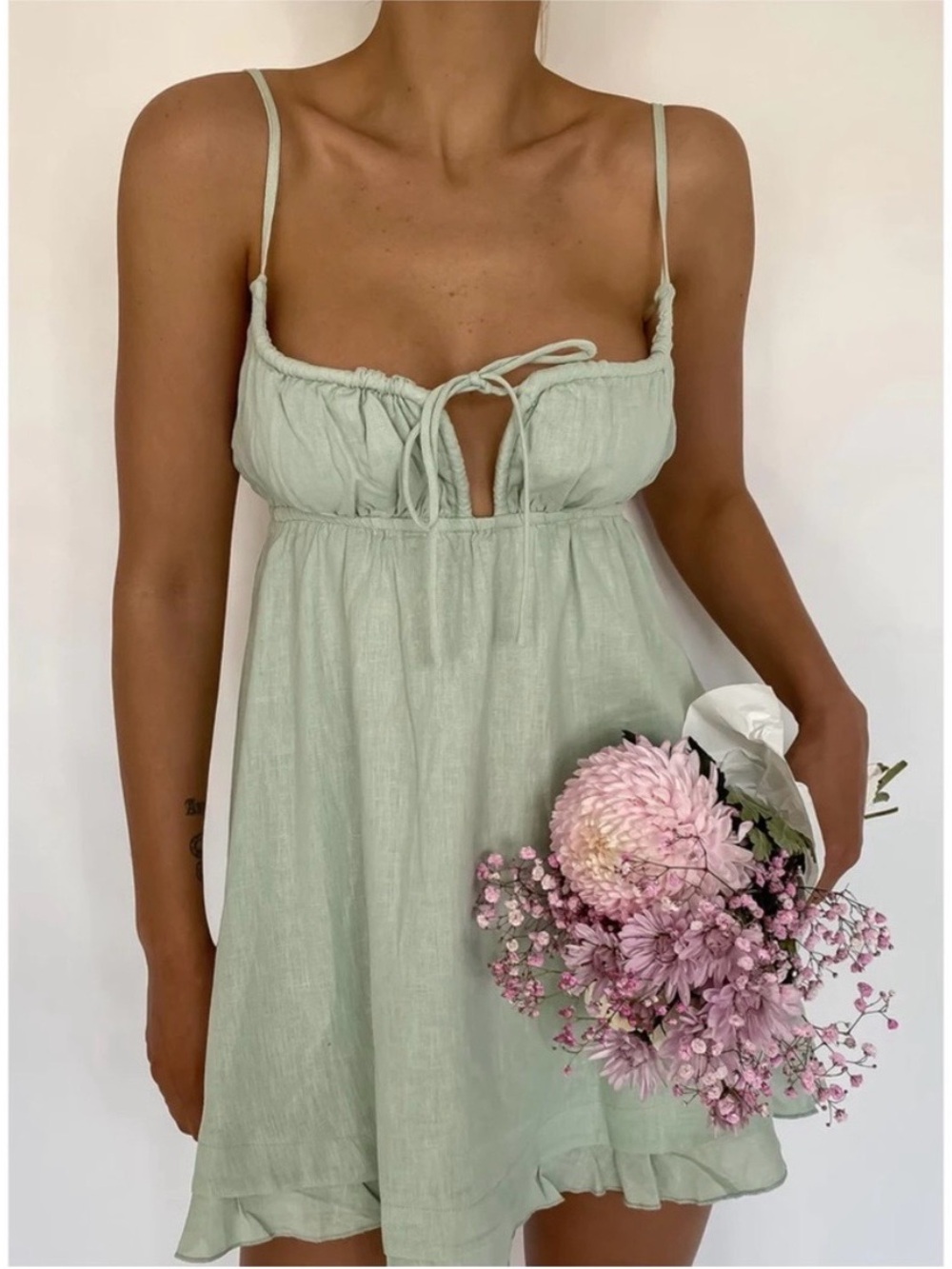 Princess Polly Sage Green Linen Blend Babydoll Micro Mini Dress Tie Front - Picture 5 of 11